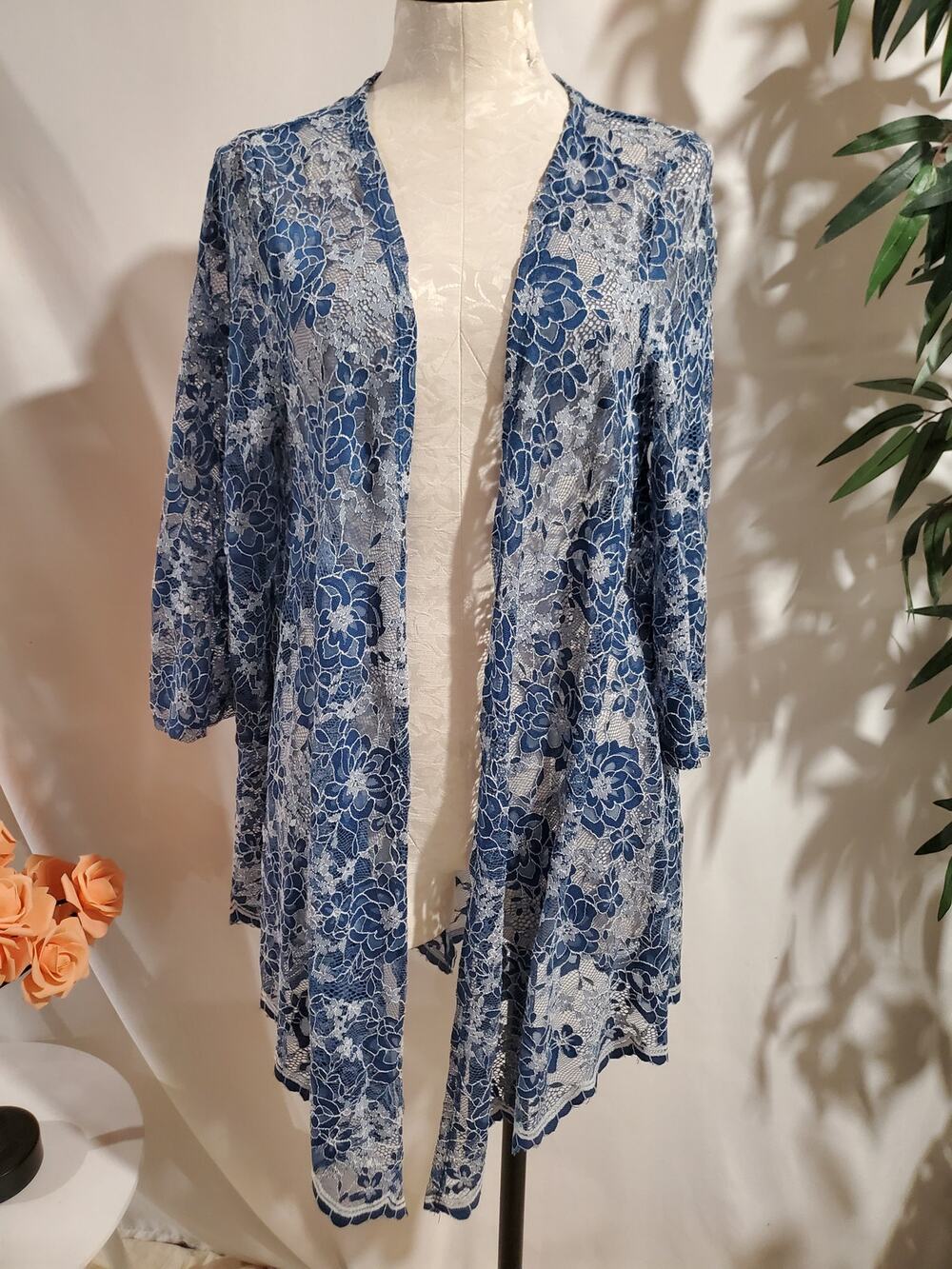 Vtg 90s Y2K Miss Chievous Sheer Lace Long 3/4 Sleeve Cardigan Size L Blue Boho
